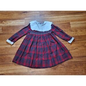 Vintage POLLY FLINDERS Sz 6X Smocked Dress Red Plaid Large Collar Christmas